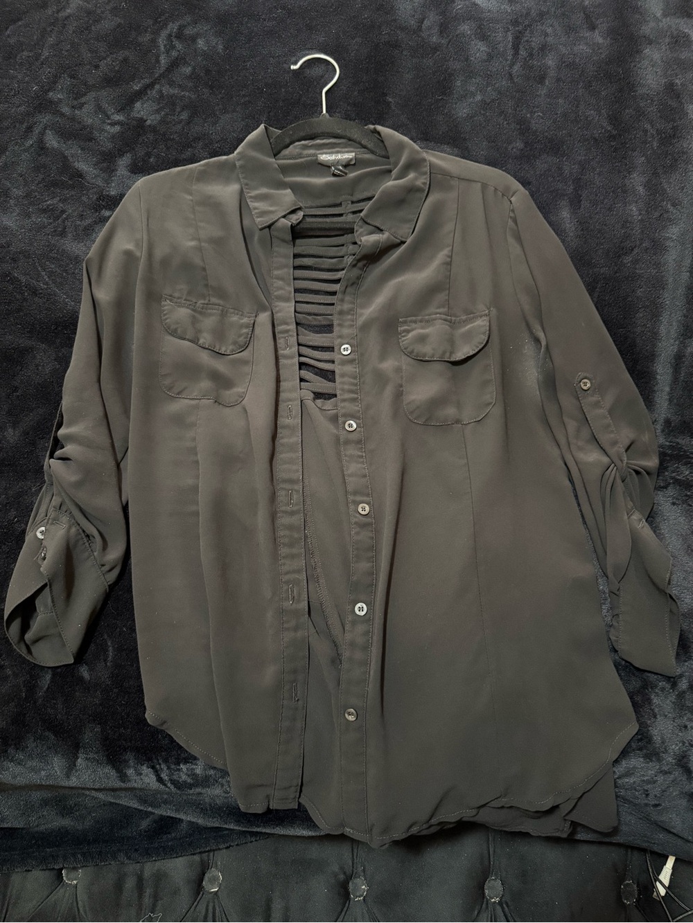 Women’s Black Button-Front Blouse with Strappy Back Detail